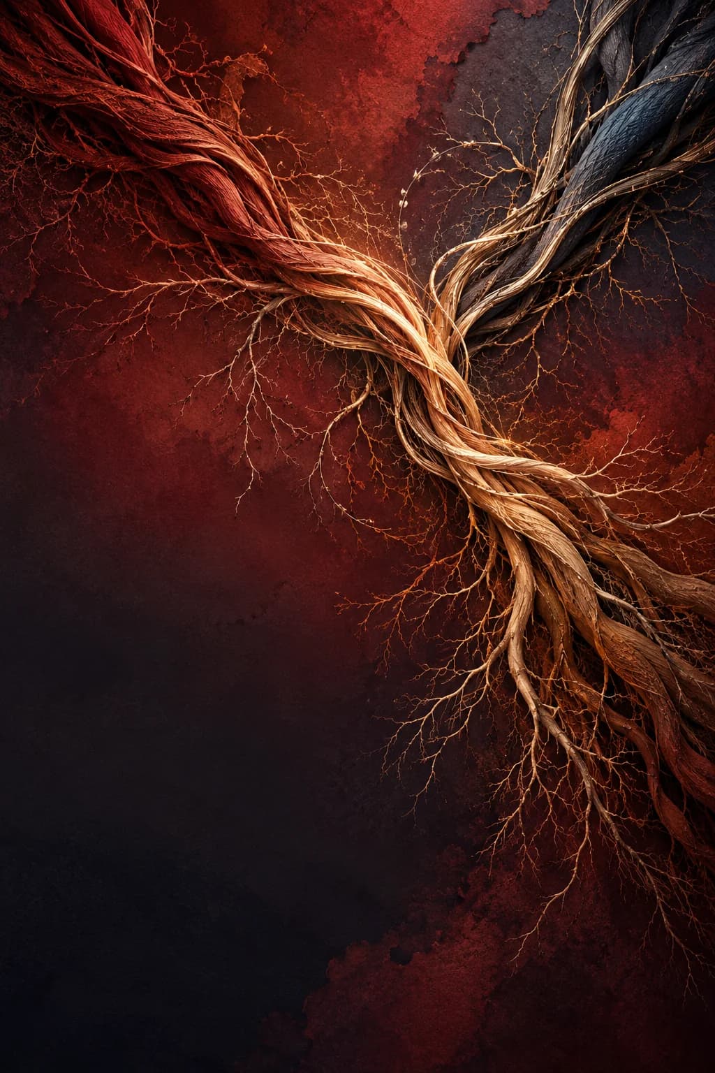 Interwoven roots converging into one creative network